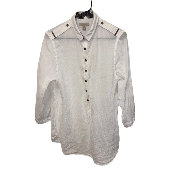 Burberry Brit White NovaCheck Tunic Top 3/4 Roll Tab Sleeve Ramie Blouse XL - Picture 13 of 14